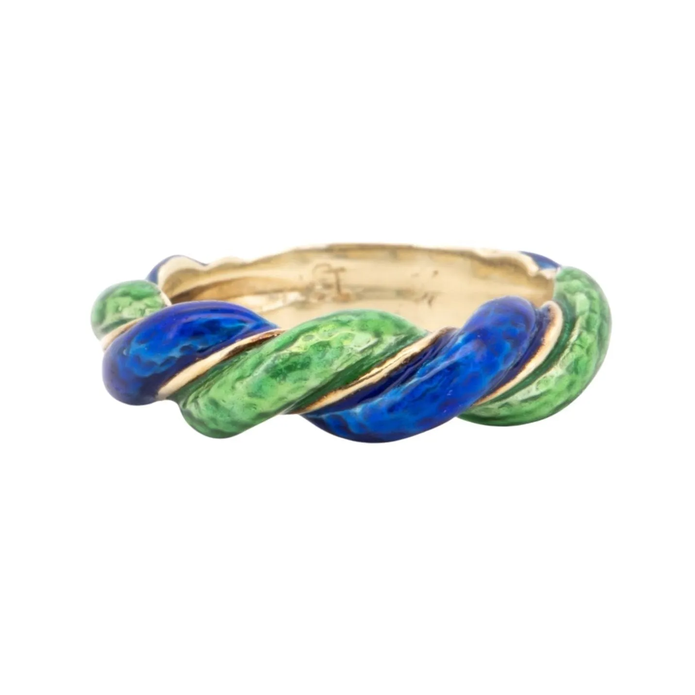 14K Gold Vintage Band with Green and Blue Enamel Swirls Twist 6.17g R6735