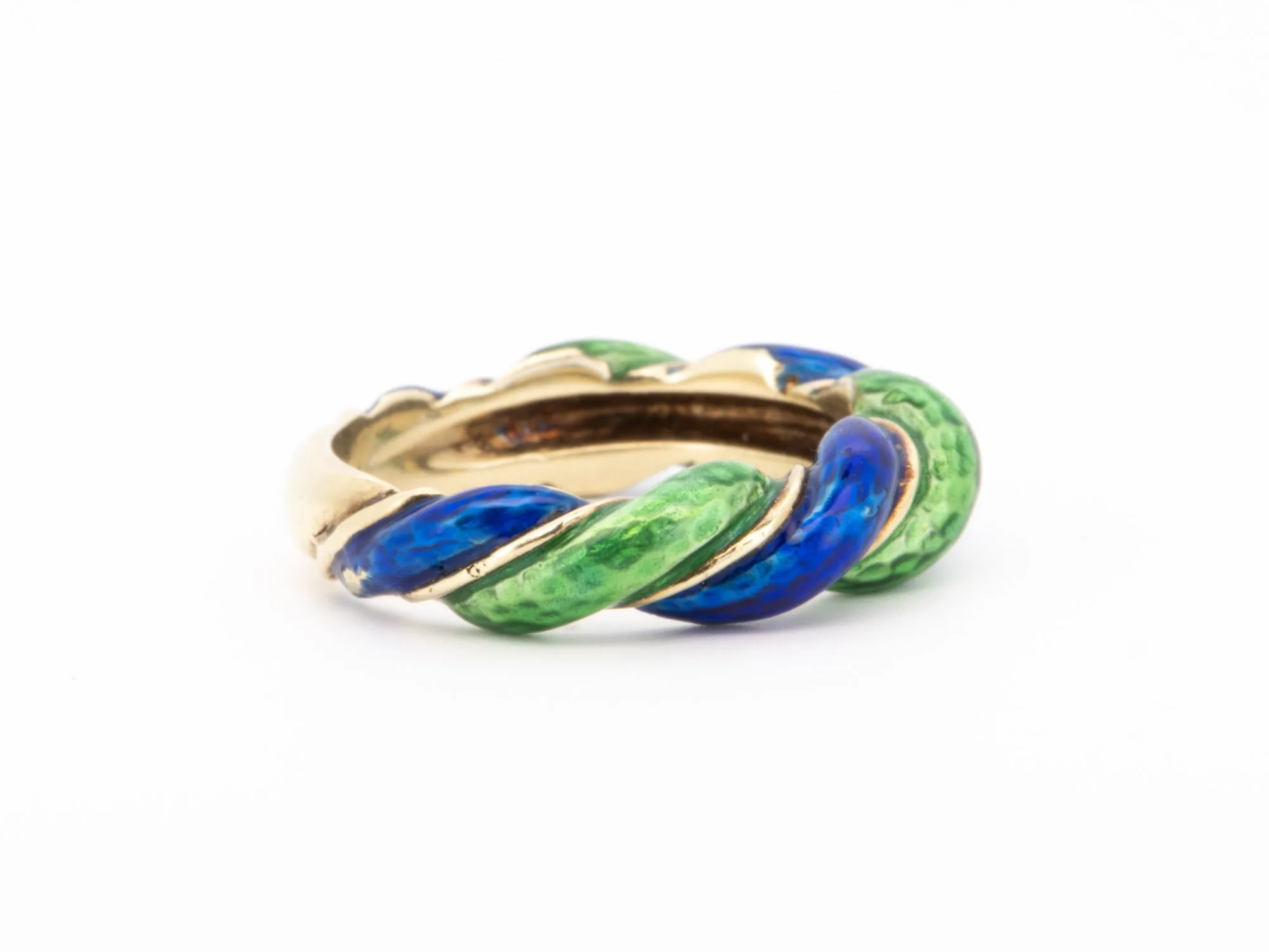 14K Gold Vintage Band with Green and Blue Enamel Swirls Twist 6.17g R6735