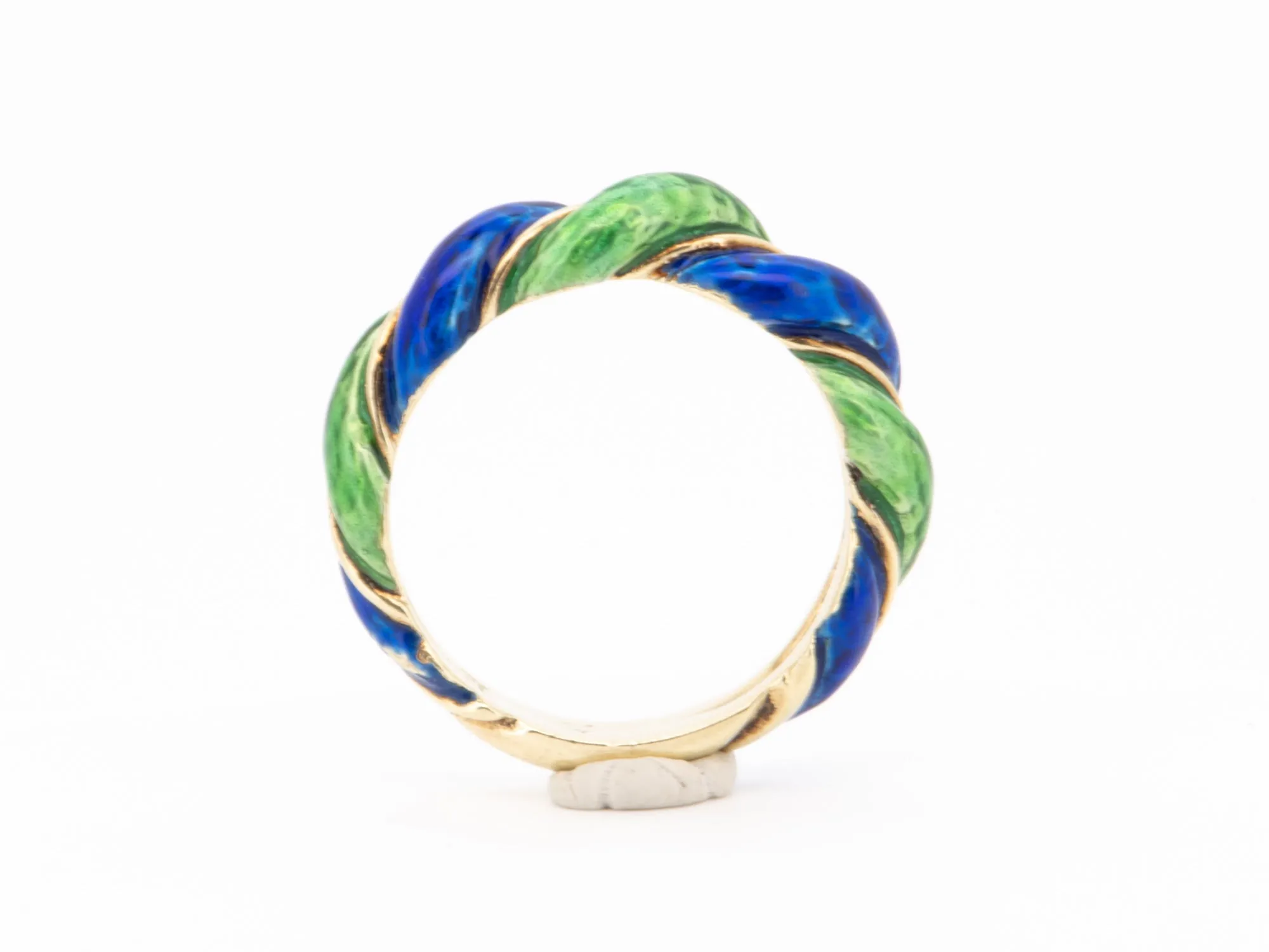 14K Gold Vintage Band with Green and Blue Enamel Swirls Twist 6.17g R6735