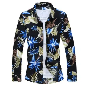 Black Color Casual Slim Fit Floral Printed Long Sleeve Shirt for Men