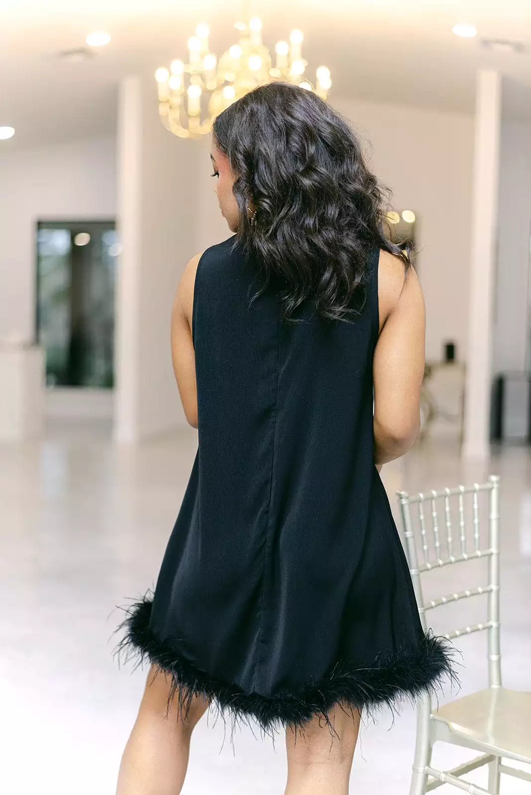 Black High Neck Feather Hem Dress