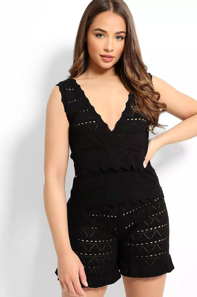 Black Perforated Knit Sleeveless Top Shorts Set