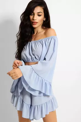 Blue Frill Trim Off Shoulder Crop Top Shorts Set