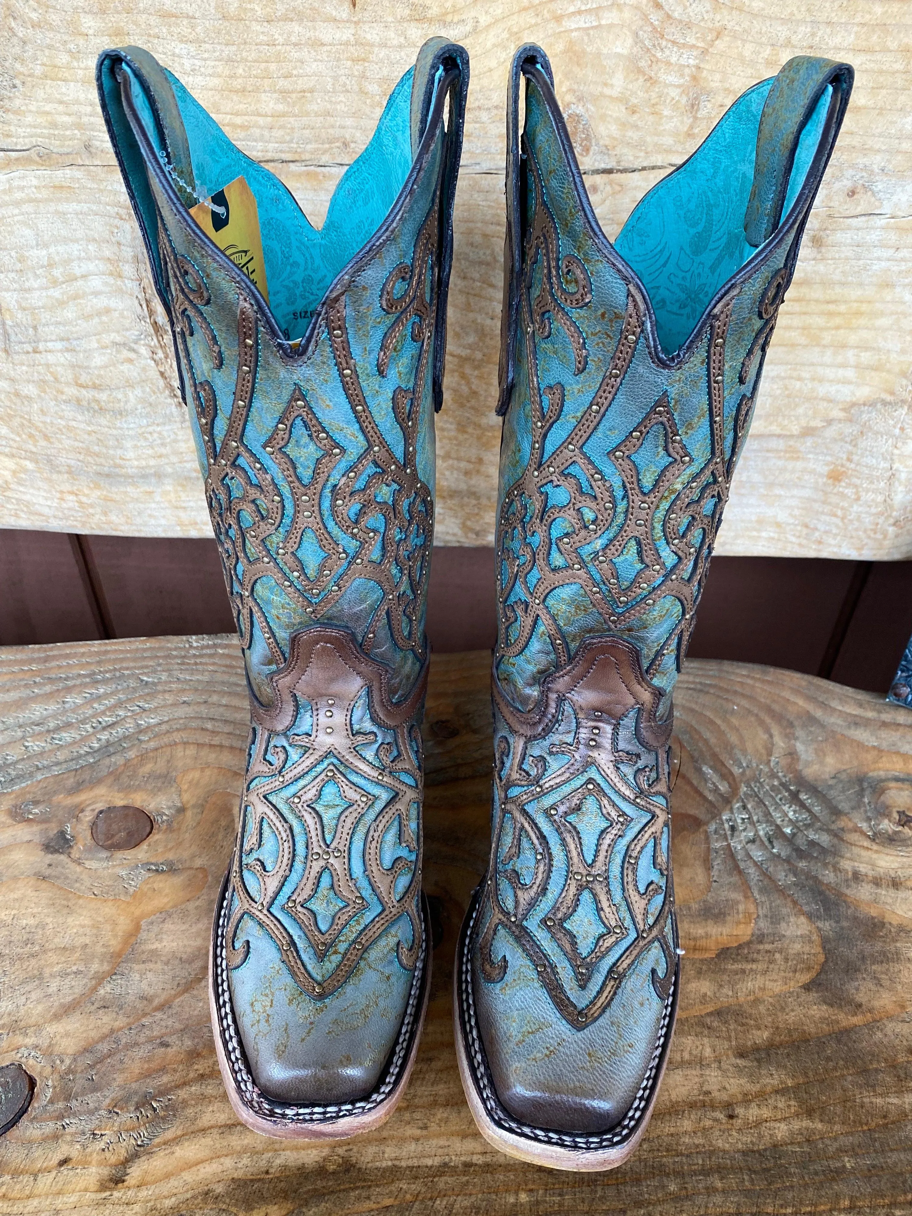 Corral Women's Turquoise & Brown Overlay Square Toe Cowgirl Boots C3768