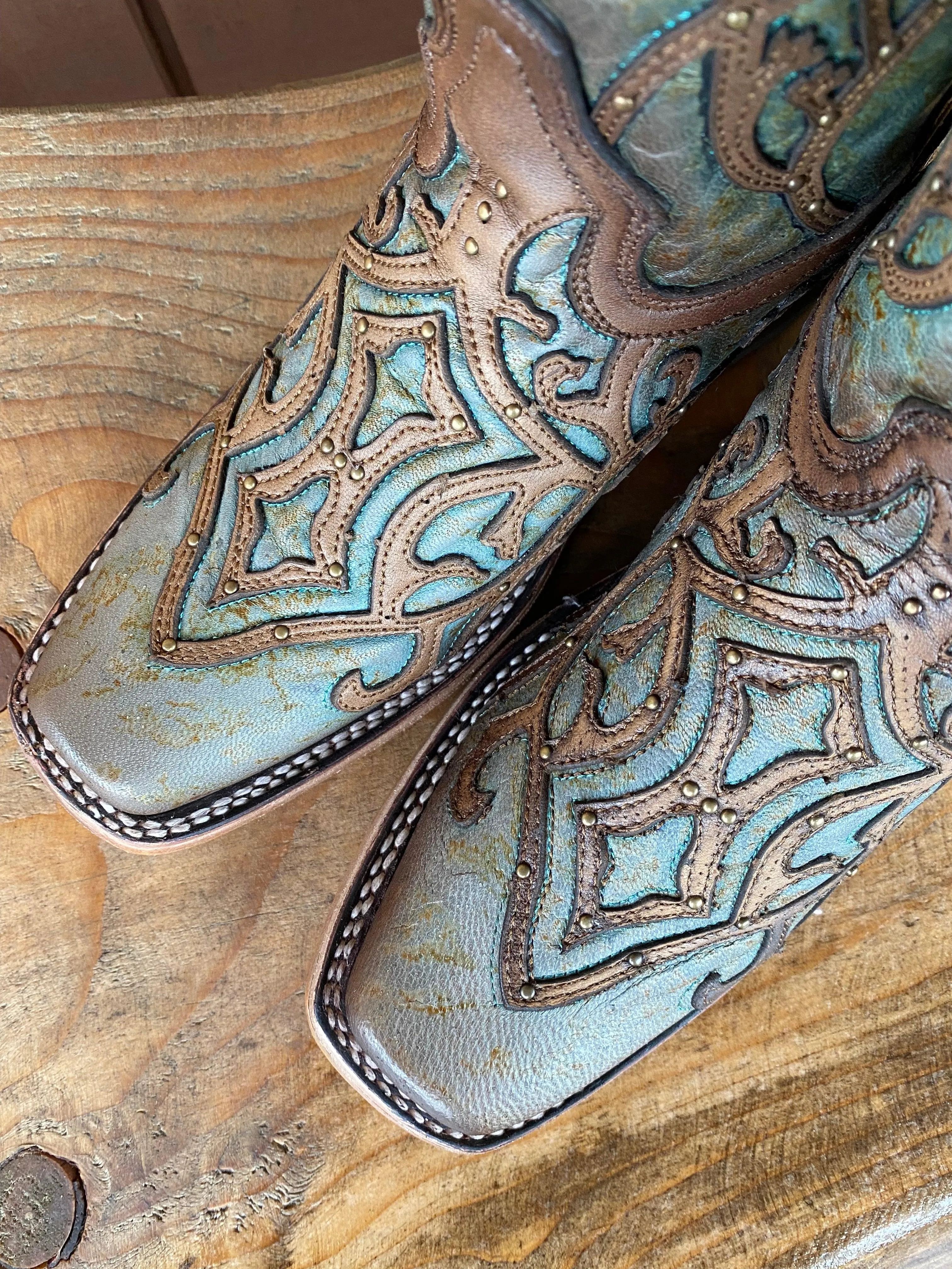 Corral Women's Turquoise & Brown Overlay Square Toe Cowgirl Boots C3768