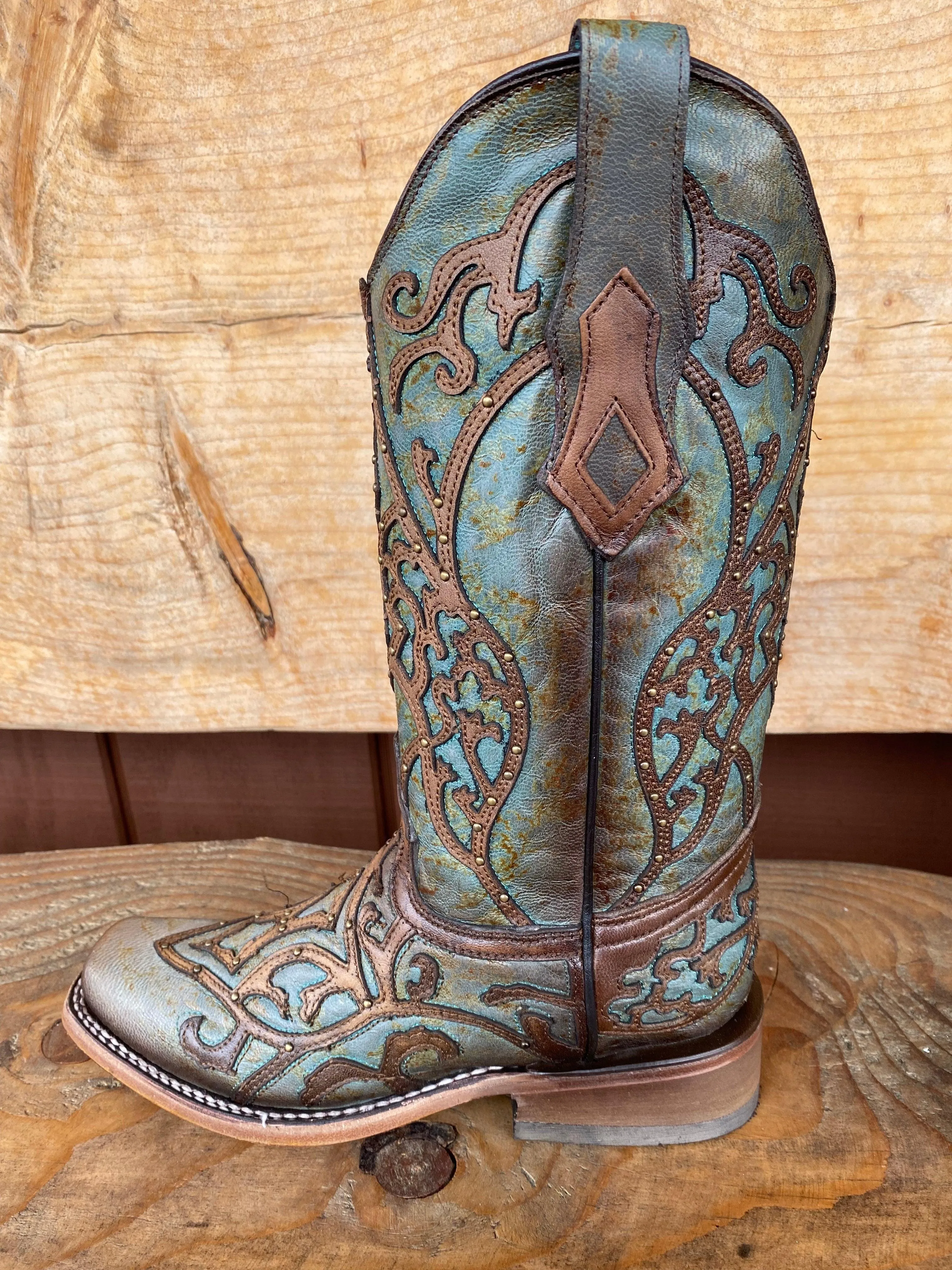 Corral Women's Turquoise & Brown Overlay Square Toe Cowgirl Boots C3768