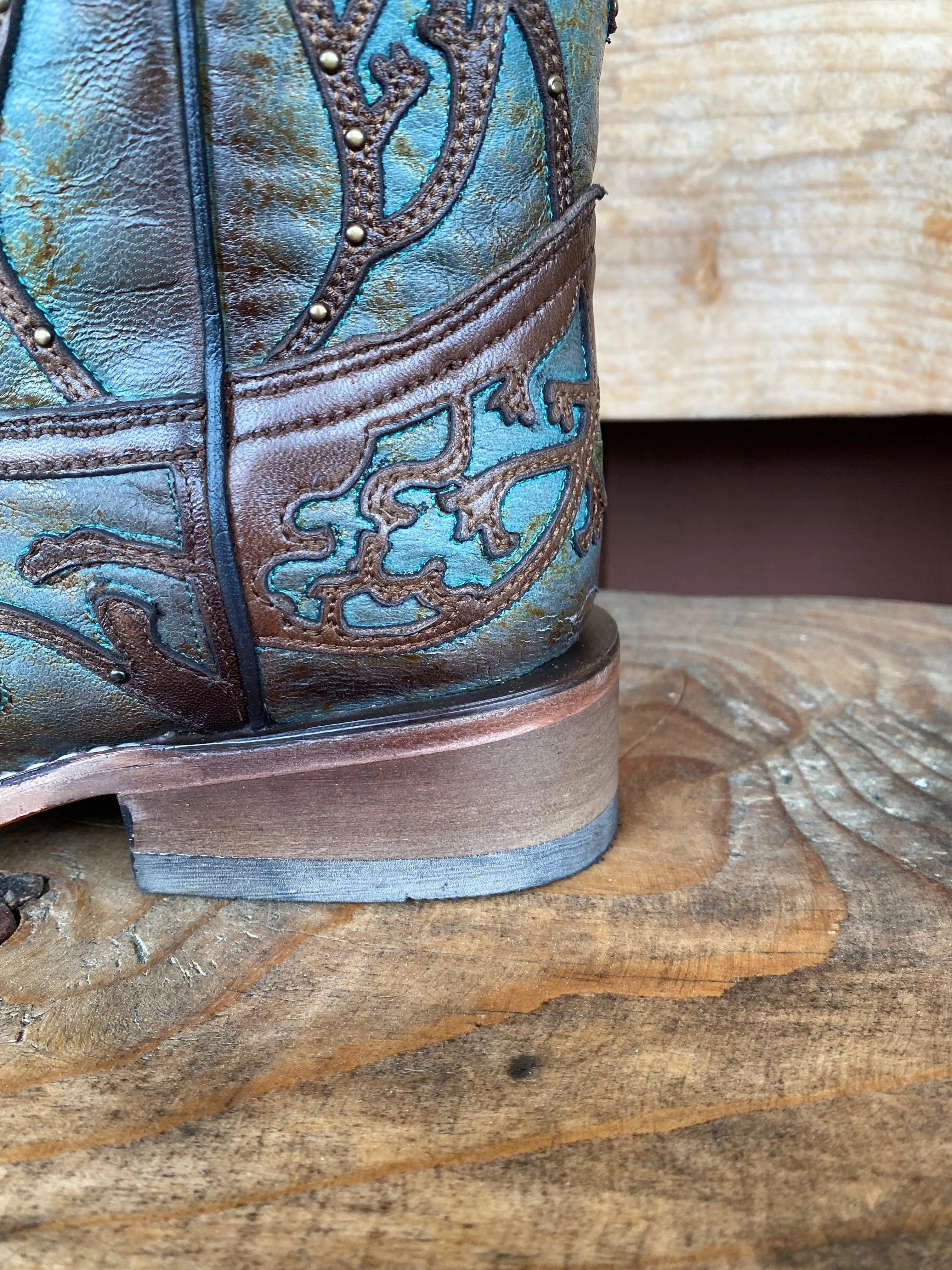 Corral Women's Turquoise & Brown Overlay Square Toe Cowgirl Boots C3768