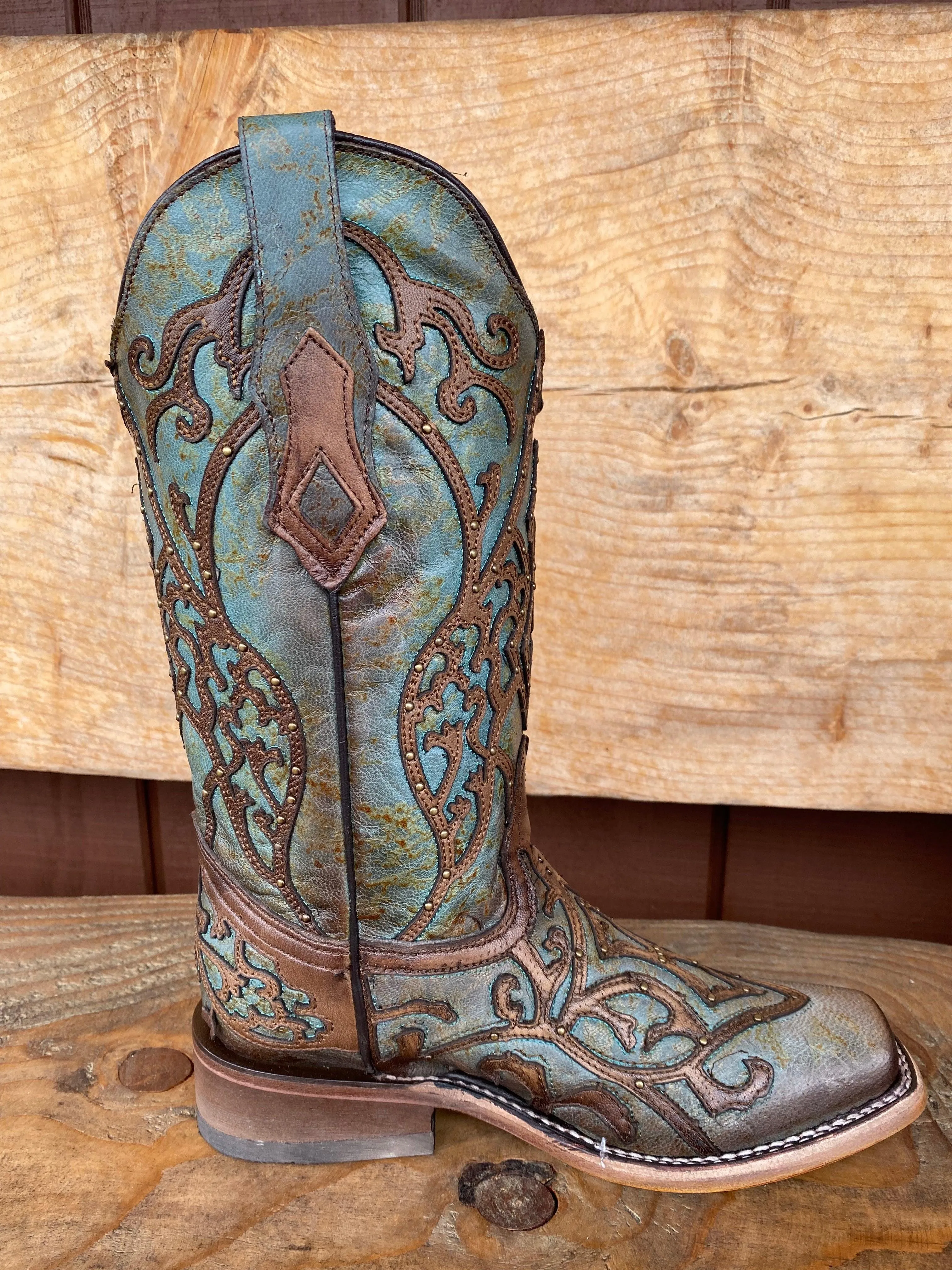 Corral Women's Turquoise & Brown Overlay Square Toe Cowgirl Boots C3768