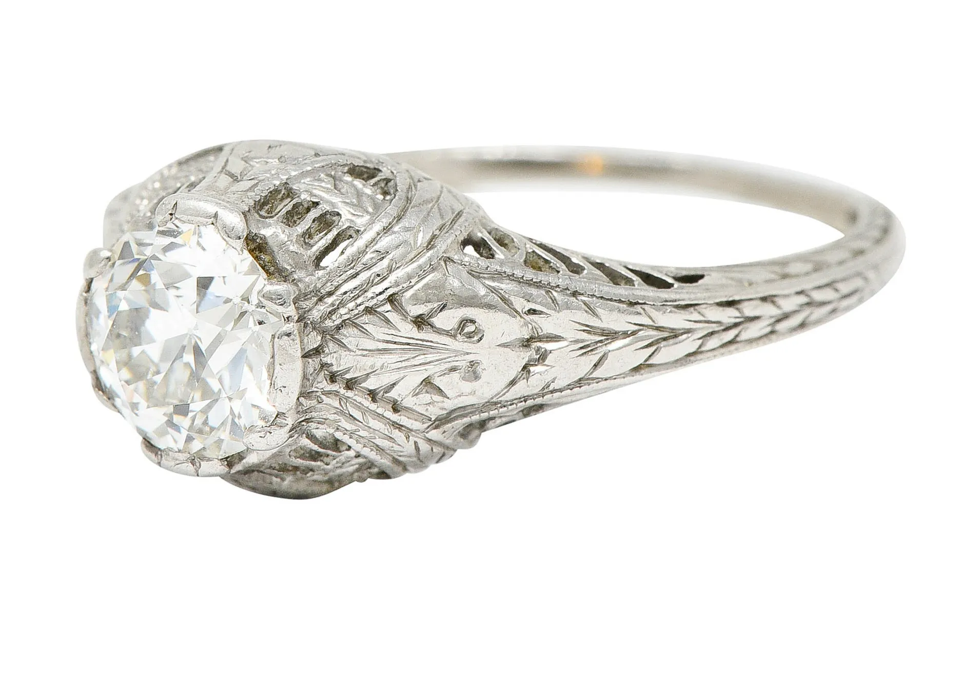 Edwardian 0.95 CTW Diamond Platinum Laurel Foliate Engagement Ring