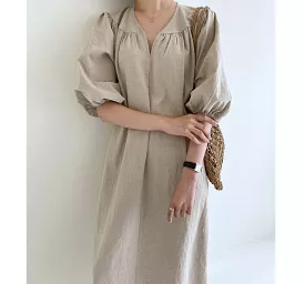 Elbow-Sleeve V-Neck Plain Linen Midi A-Line Dress aa1