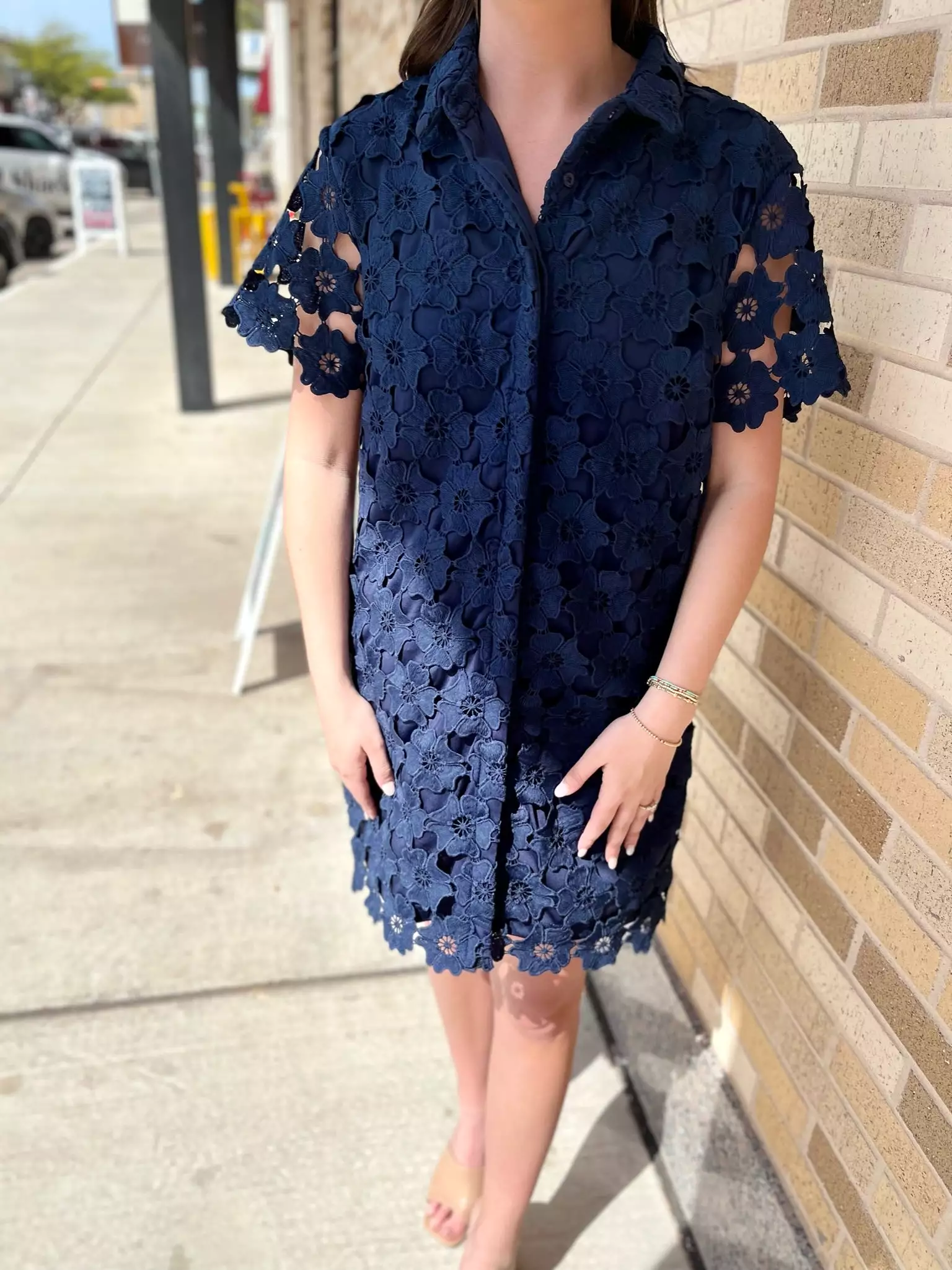 Floral Lace Button Down Collared A-Line Dress- Navy