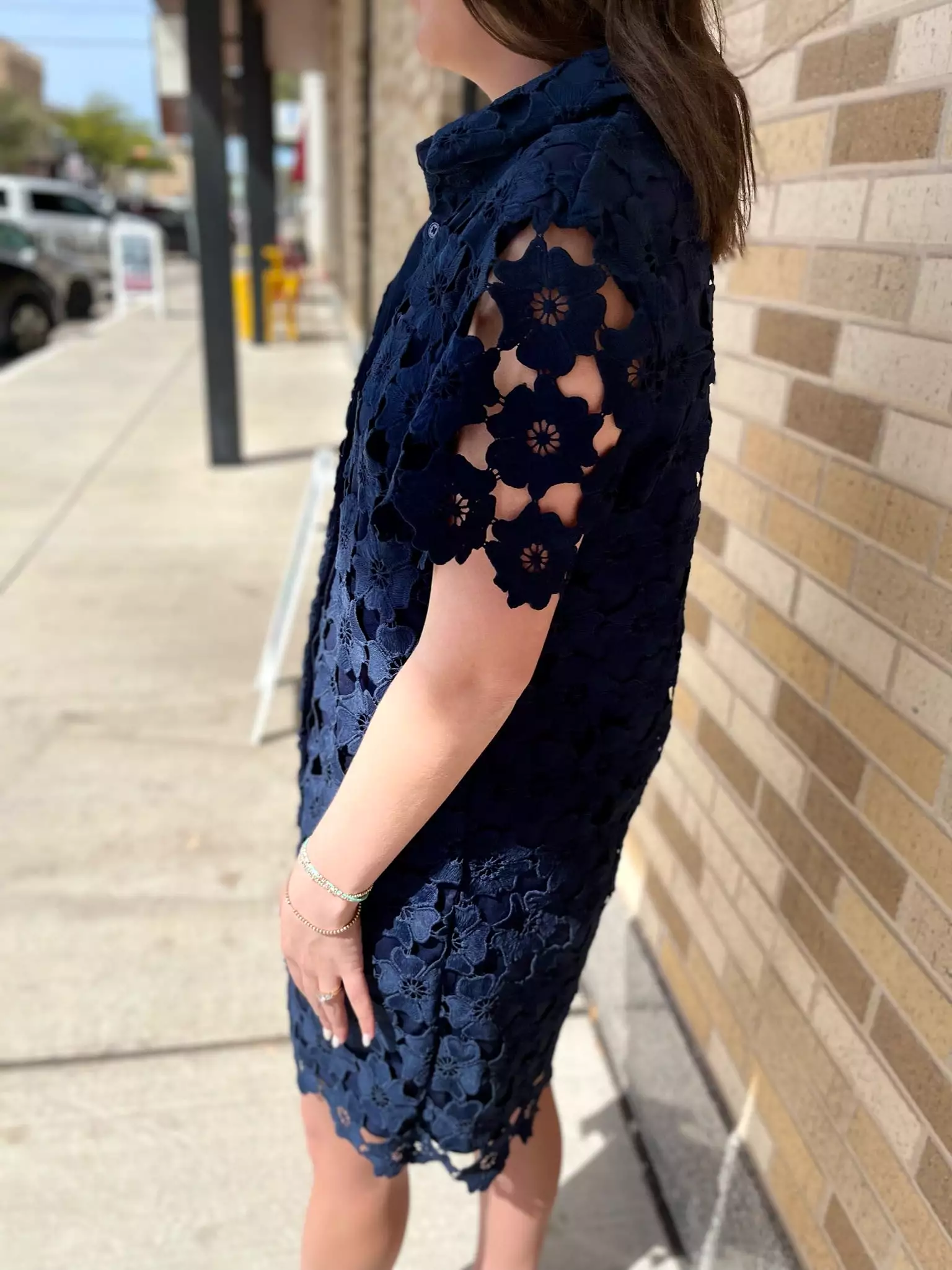 Floral Lace Button Down Collared A-Line Dress- Navy