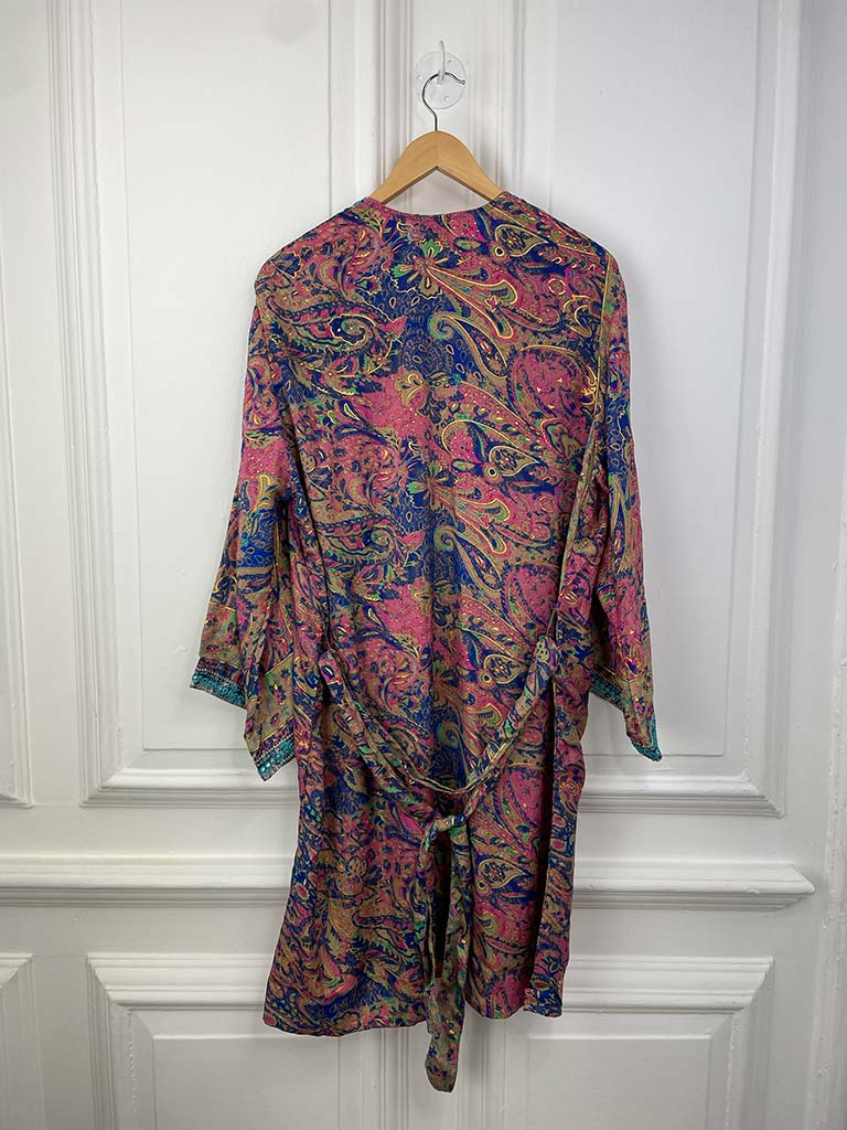 Gold Batik Print Embellished Kimono - Hot Pink Mix