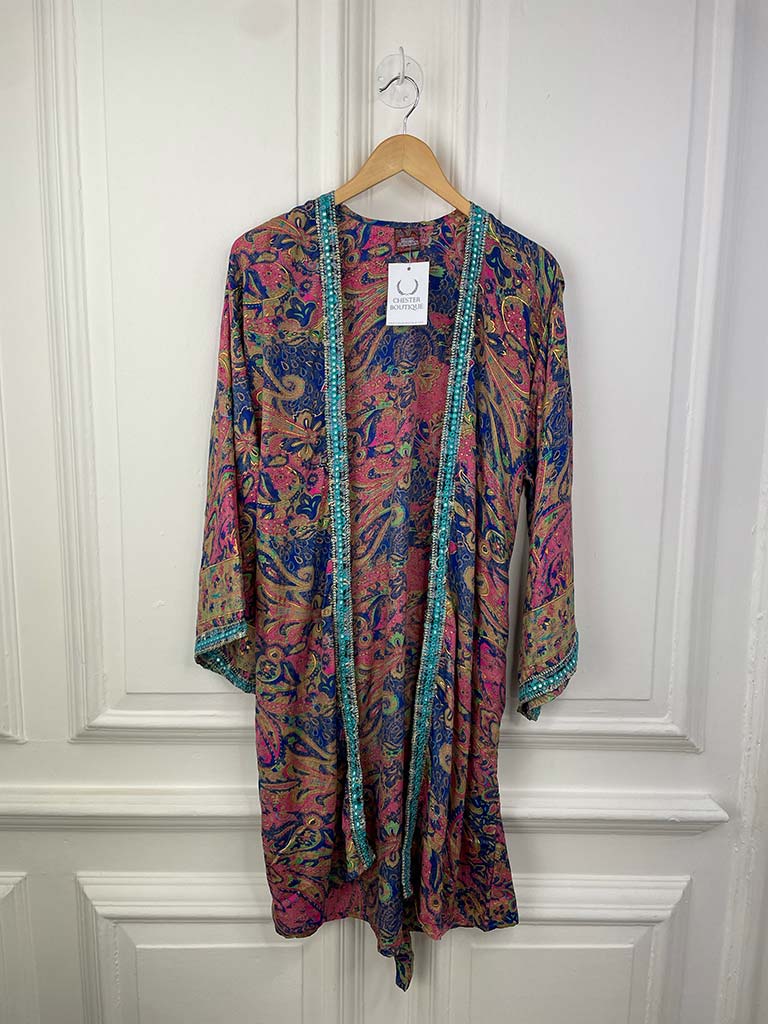 Gold Batik Print Embellished Kimono - Hot Pink Mix