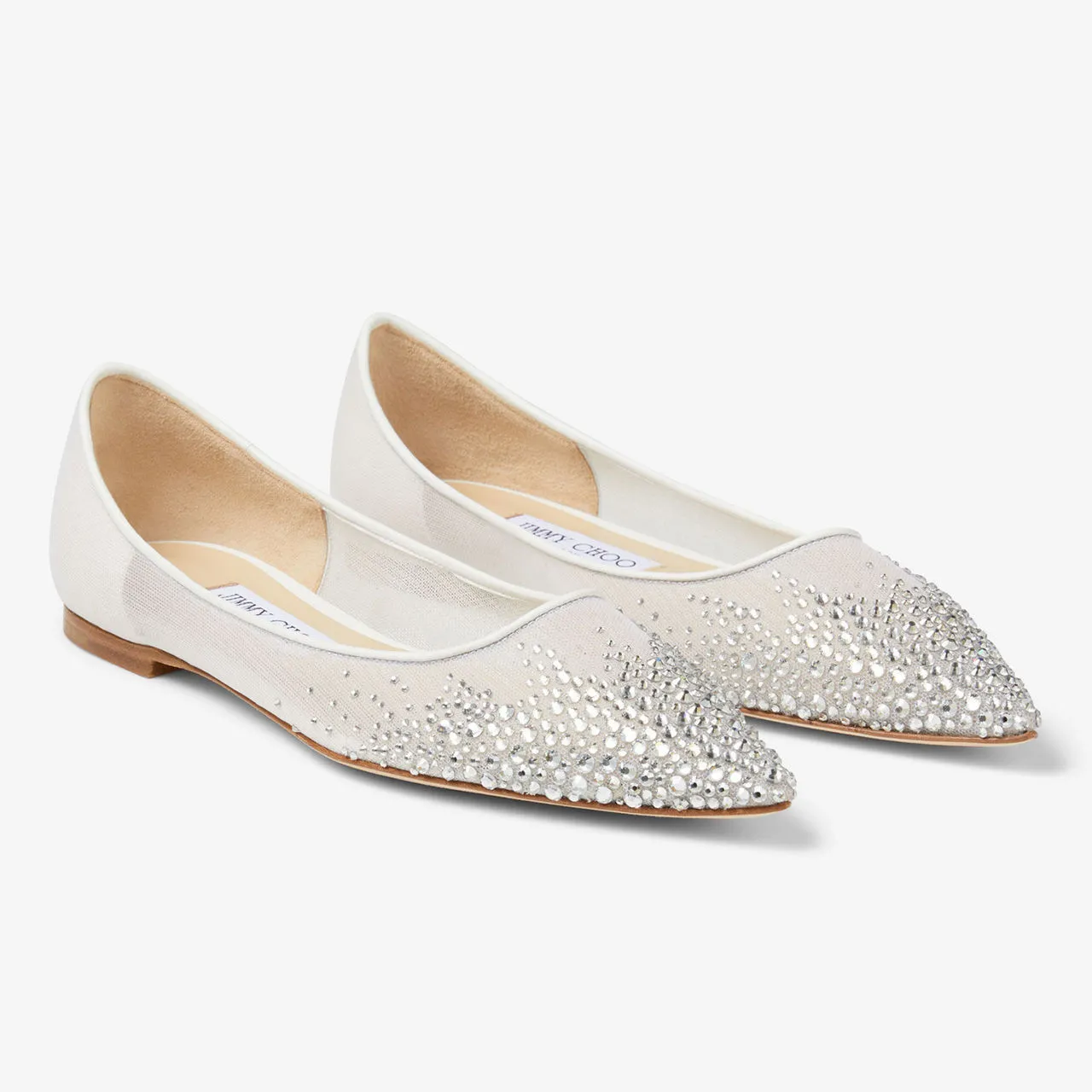 JIMMY CHOO Love Embellished Pointed Toe Flats - White