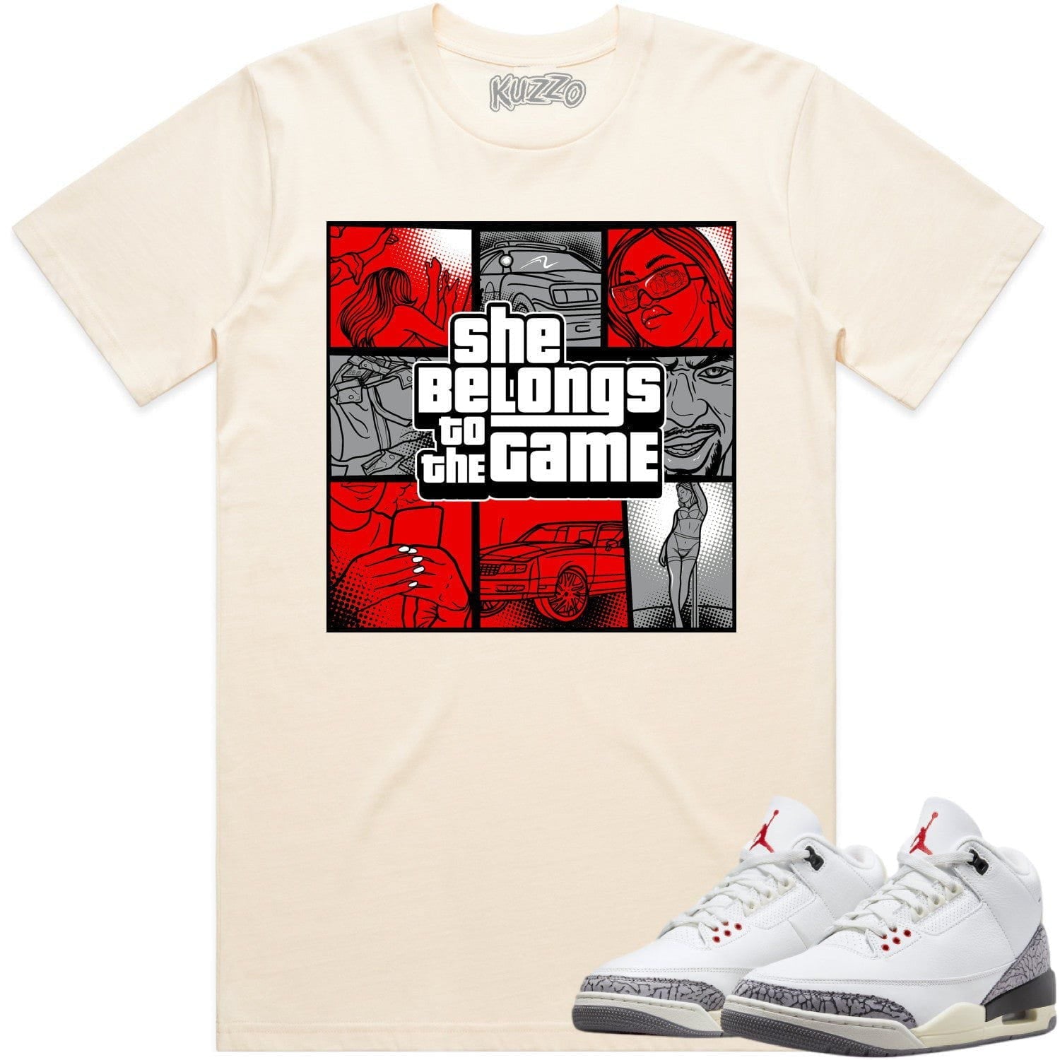 Jordan 3 White Cement 3s Shirt to Match - RED BELONGS TO THE GAME