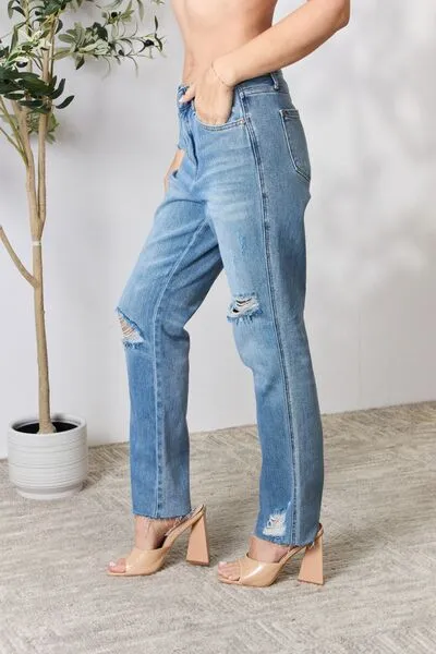 Judy Blue Full Size Distressed Raw Hem Straight Jeans