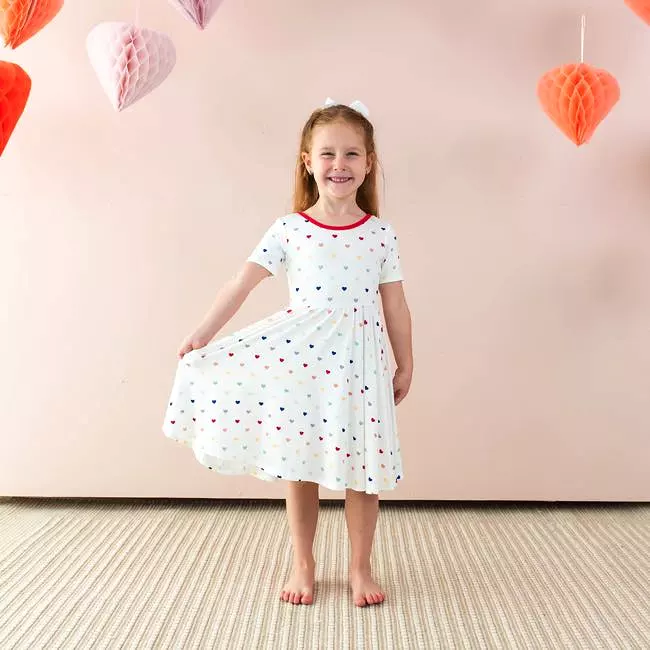 Kyte Baby Printed Twirl Dress in Cloud Rainbow Heart