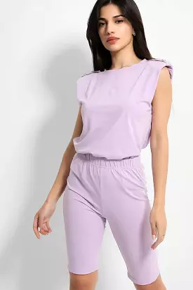 Lilac Buttoned Power Shoulder Top And Cycling Shorts Set