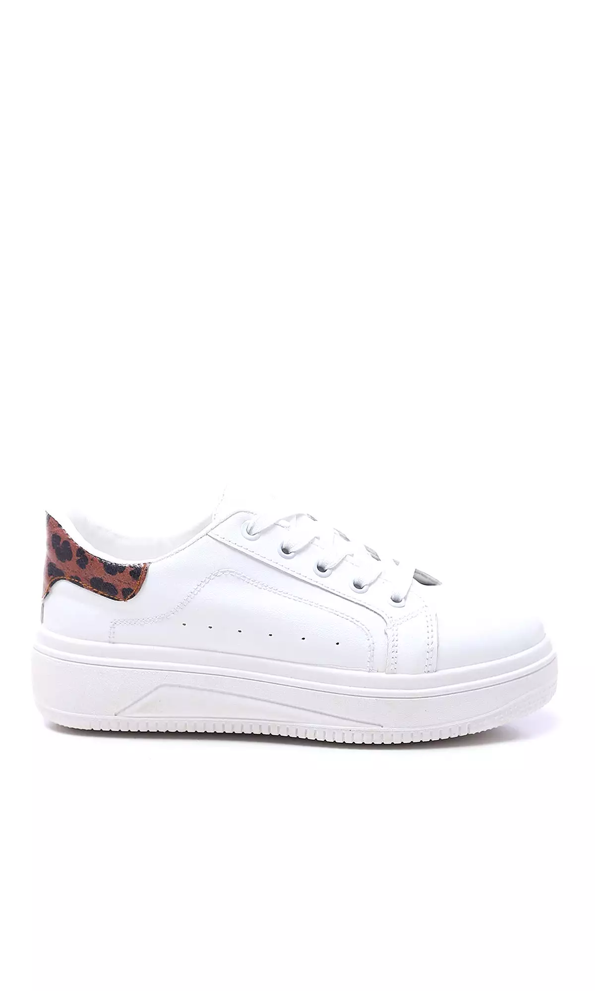 O177889 Round Toecap Sneakers With Leopard Back - White