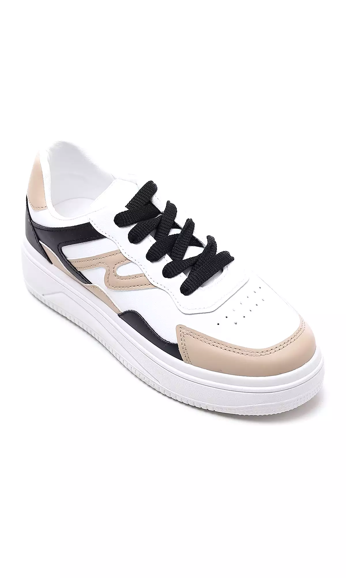 O177893 Tri-Tone Round Toecap Sneakers - White, Black & Beige