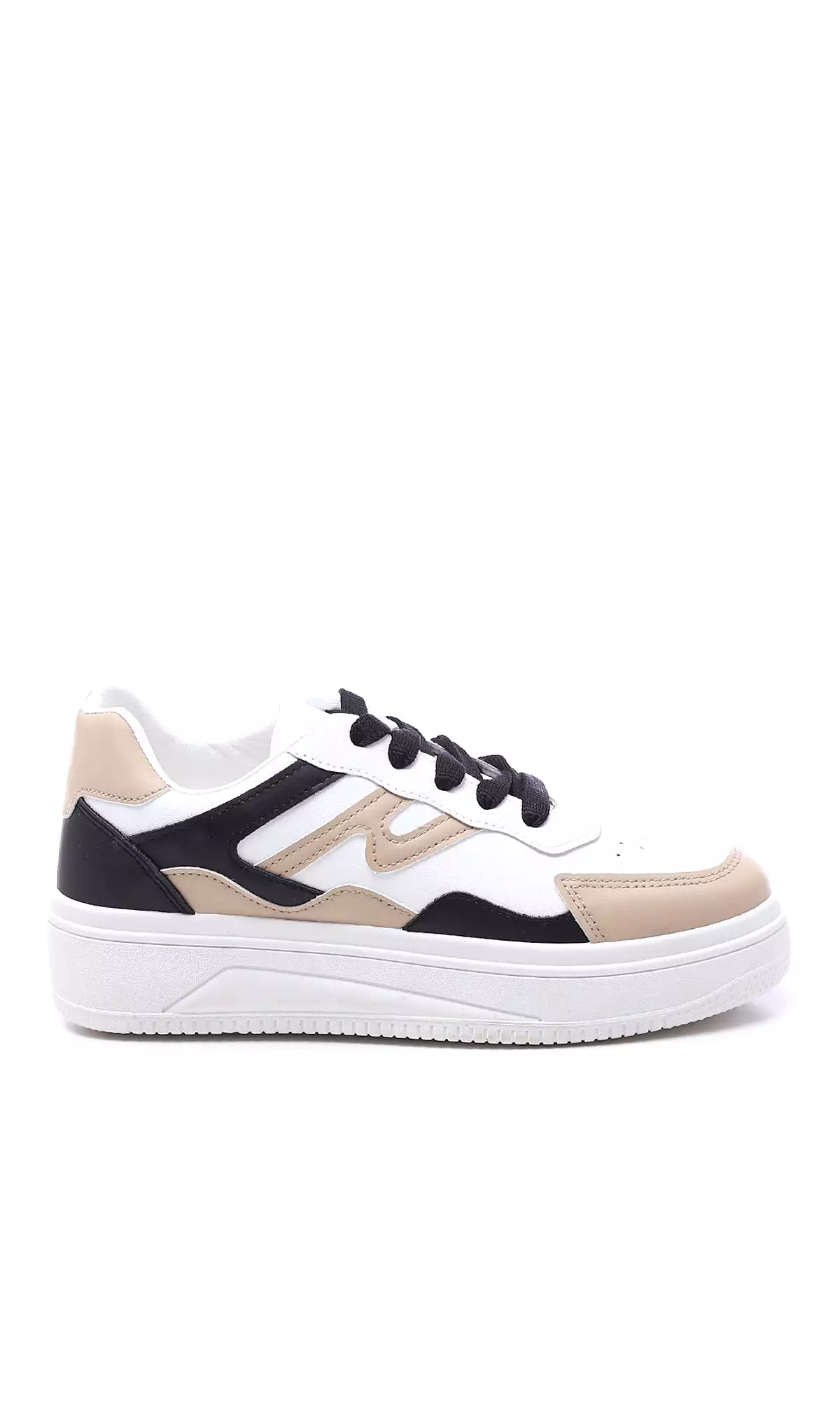 O177893 Tri-Tone Round Toecap Sneakers - White, Black & Beige