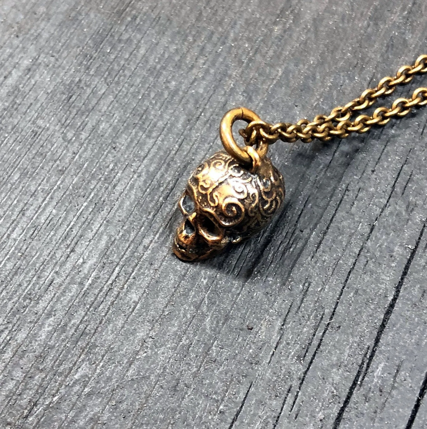 Ornate Human Skull Charm Pendant Necklace - Solid Hand Cast Bronze - Polished Oxidised Finish