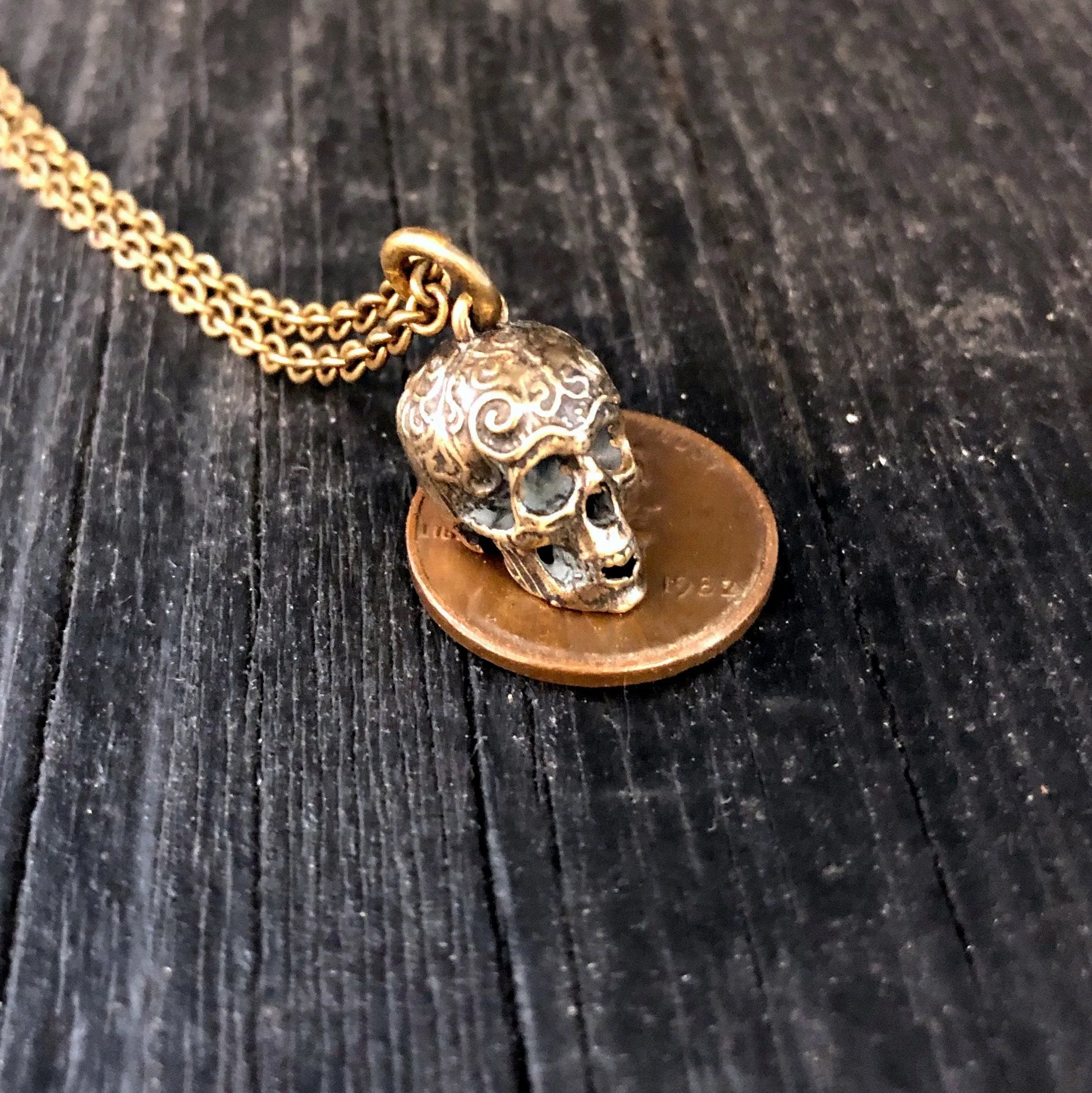 Ornate Human Skull Charm Pendant Necklace - Solid Hand Cast Bronze - Polished Oxidised Finish