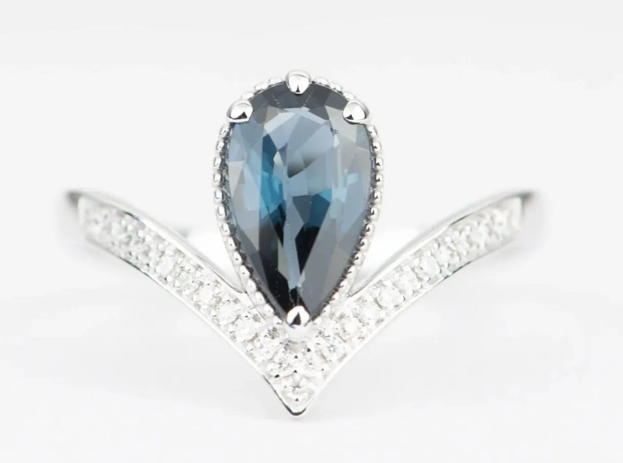 Pear Shape Blue Spinel Unique Engagement Ring 14K White Gold Milgrain Edge Vintage AD2192