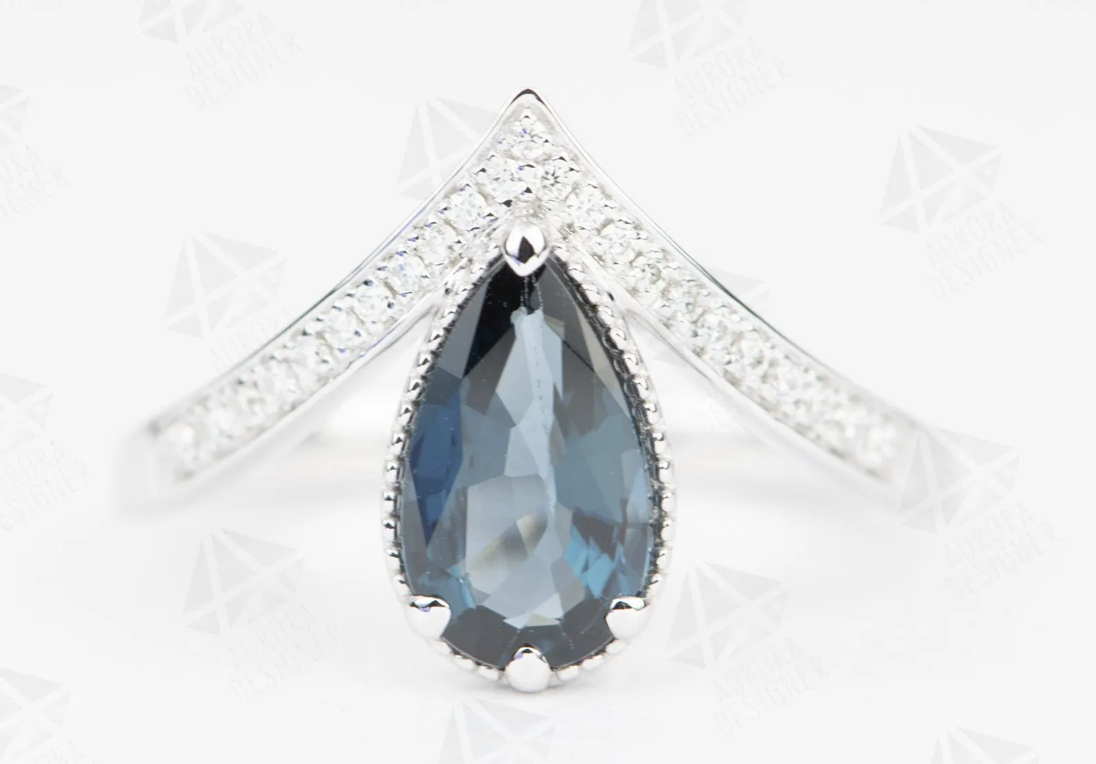 Pear Shape Blue Spinel Unique Engagement Ring 14K White Gold Milgrain Edge Vintage AD2192