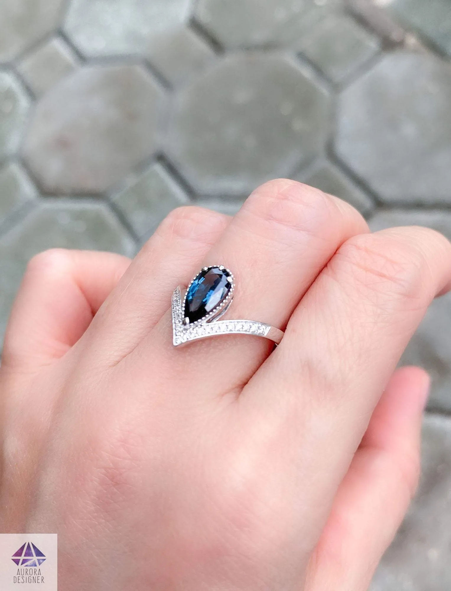 Pear Shape Blue Spinel Unique Engagement Ring 14K White Gold Milgrain Edge Vintage AD2192