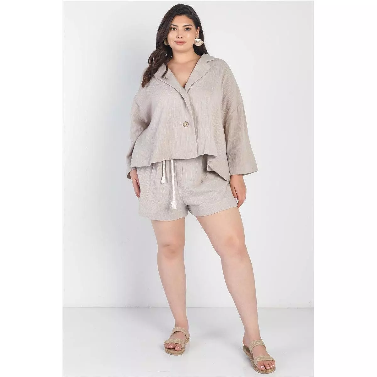 Plus Grey Button-up Collared Neck Blazer High Waist Shorts Set