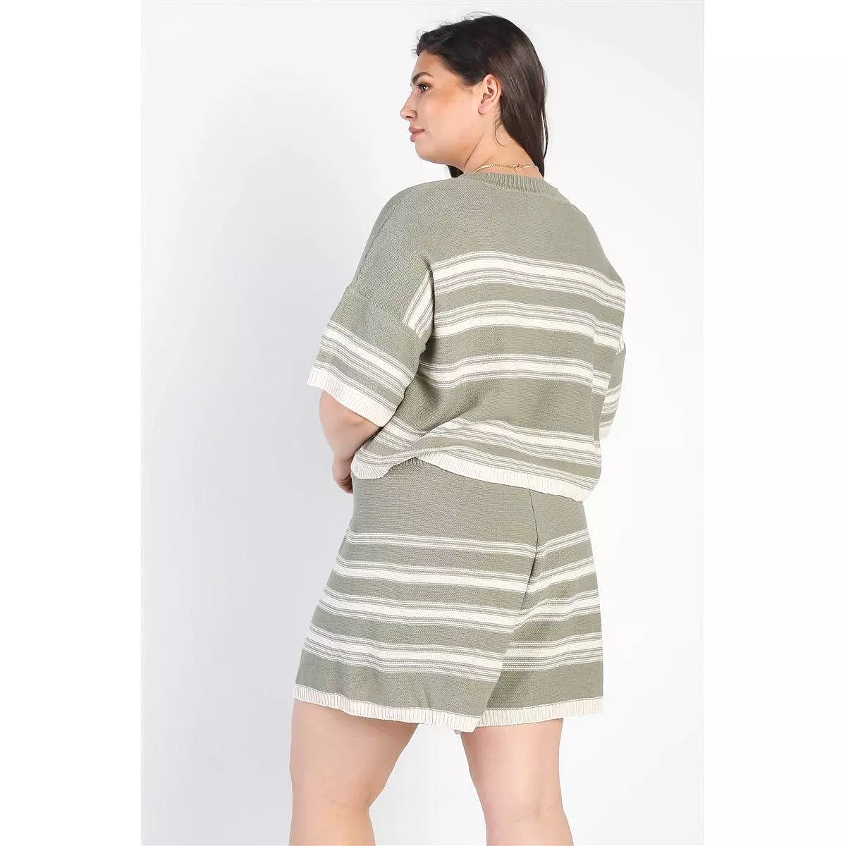 Plus Olive Striped Knit Short Sleeve Crop Top High Waist Shorts Set