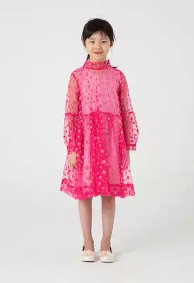 Polka Dot Flocked Mesh Lantern Sleeve Dress