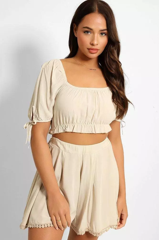 Puff Sleeve Crop Top And Pleated Shorts Set