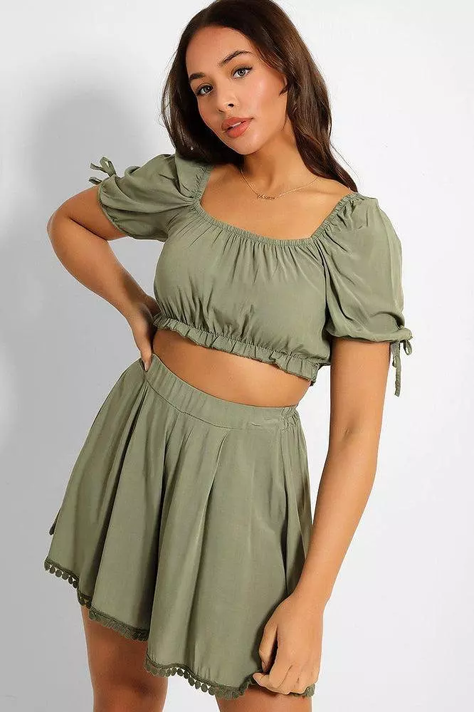 Puff Sleeve Crop Top And Pleated Shorts Set