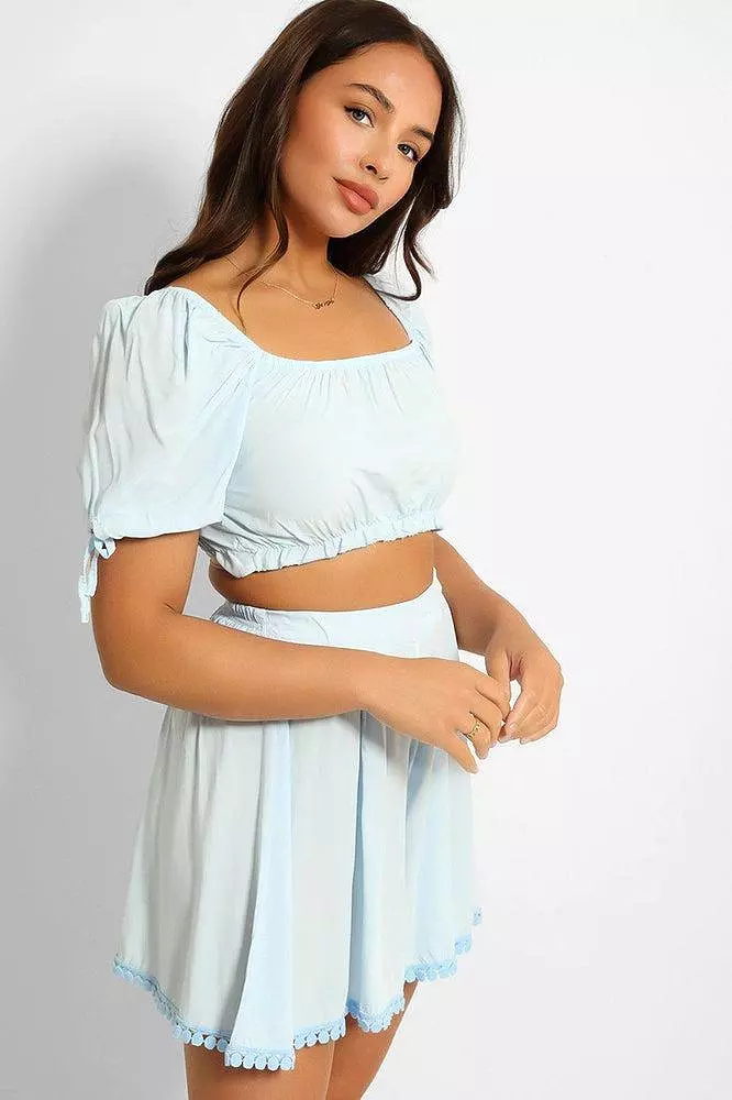 Puff Sleeve Crop Top And Pleated Shorts Set