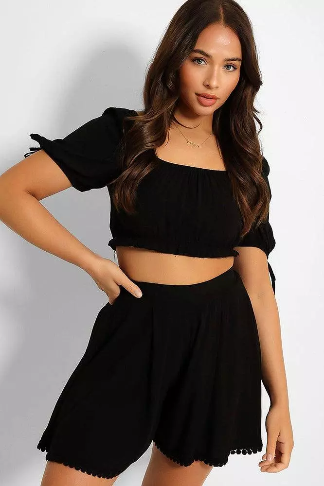 Puff Sleeve Crop Top And Pleated Shorts Set