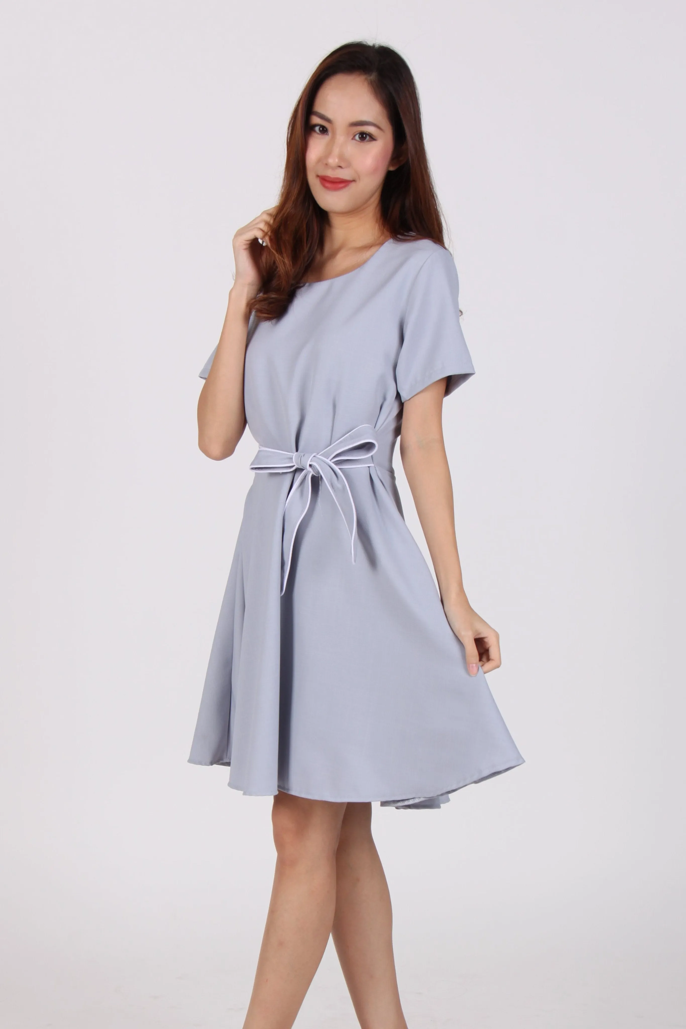 Sleeve Contrast Belt Skater Dress in Light Blue