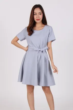 Sleeve Contrast Belt Skater Dress in Light Blue