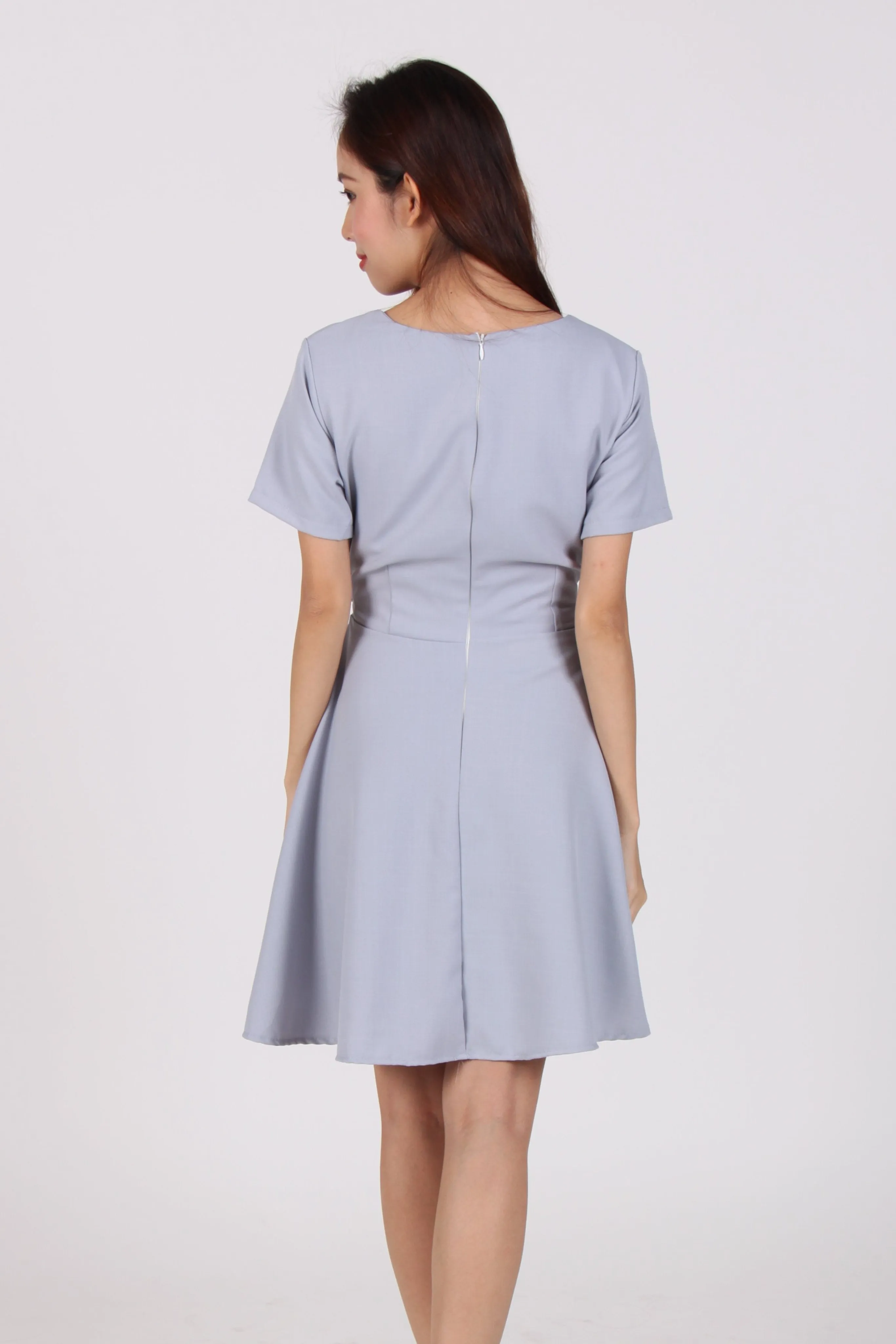 Sleeve Contrast Belt Skater Dress in Light Blue