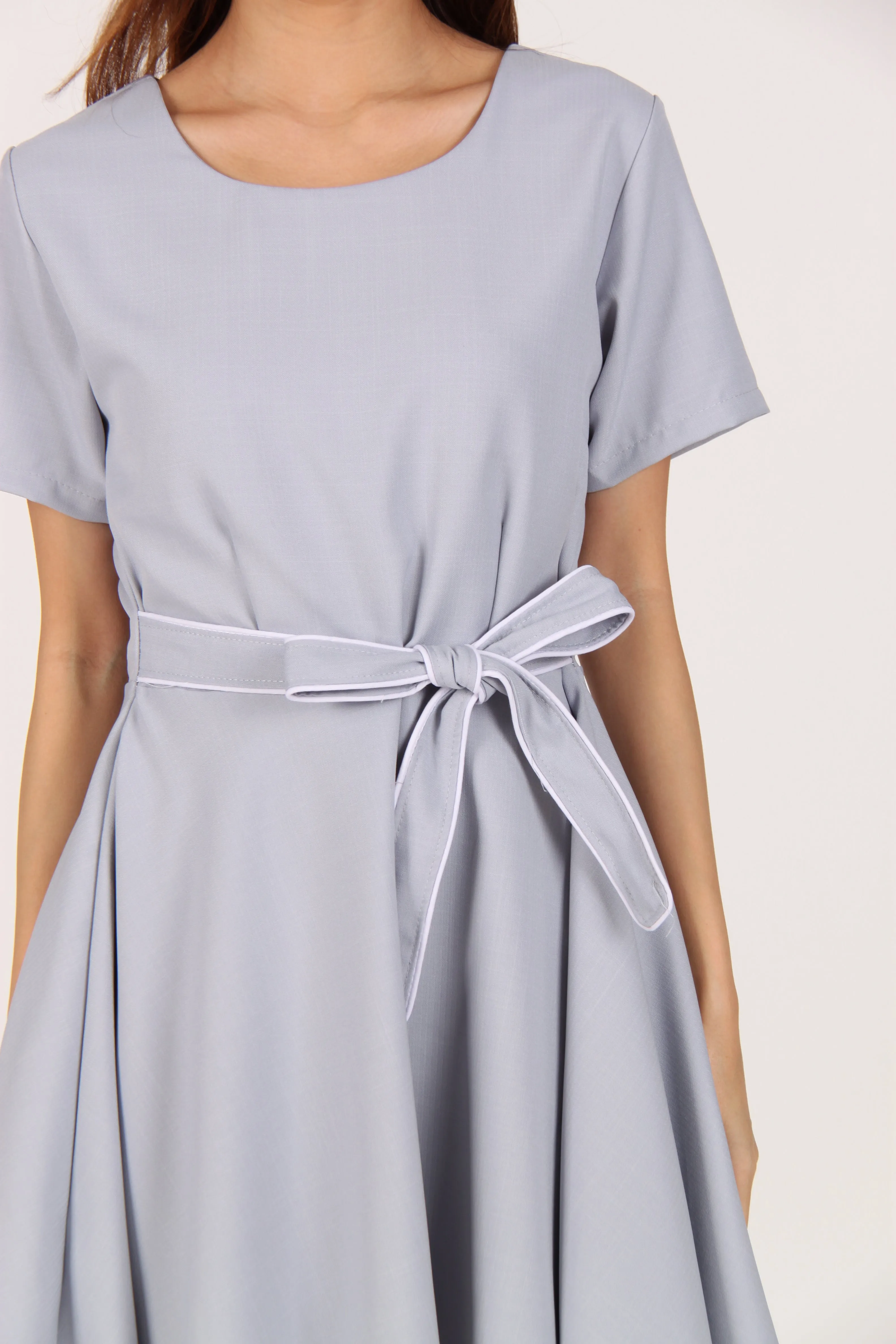 Sleeve Contrast Belt Skater Dress in Light Blue