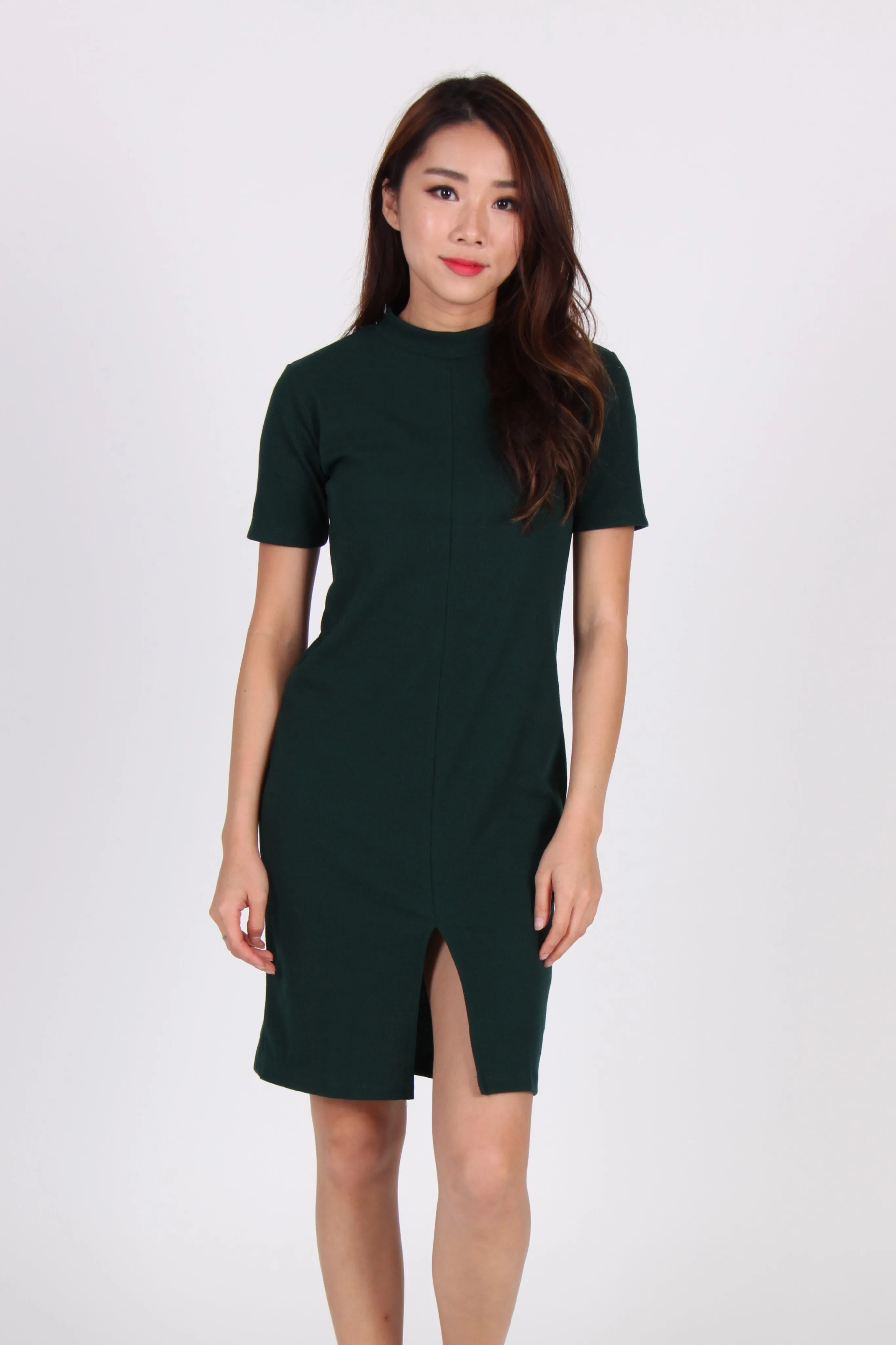 Sleeve Front Slit Midi Dress In Green