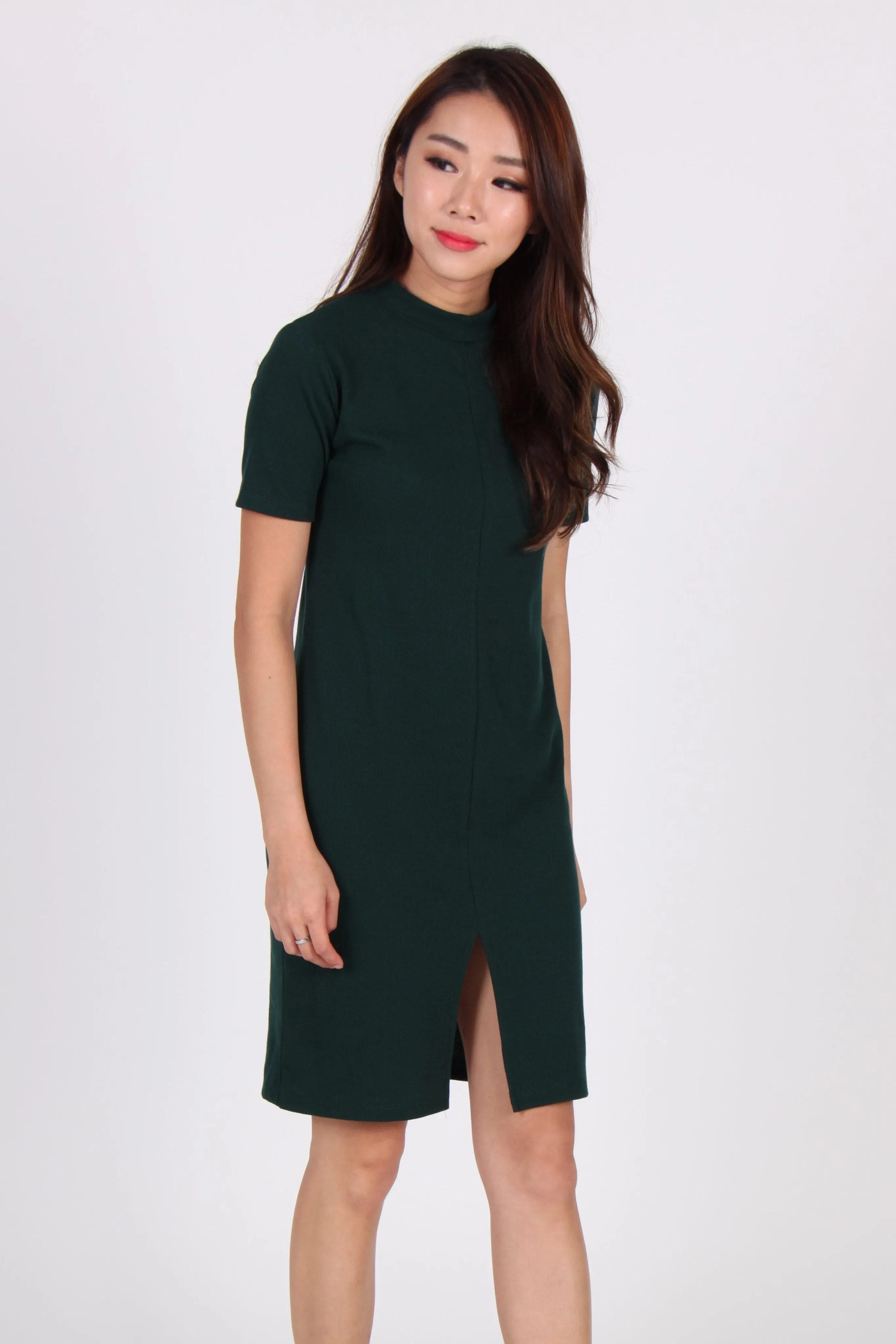 Sleeve Front Slit Midi Dress In Green