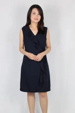 Sleeveless Ruffles V Neck Shift Dress in Navy Blue