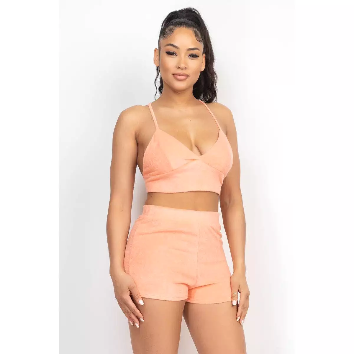 Terry Towel Bralette Top & Mini Shorts Set