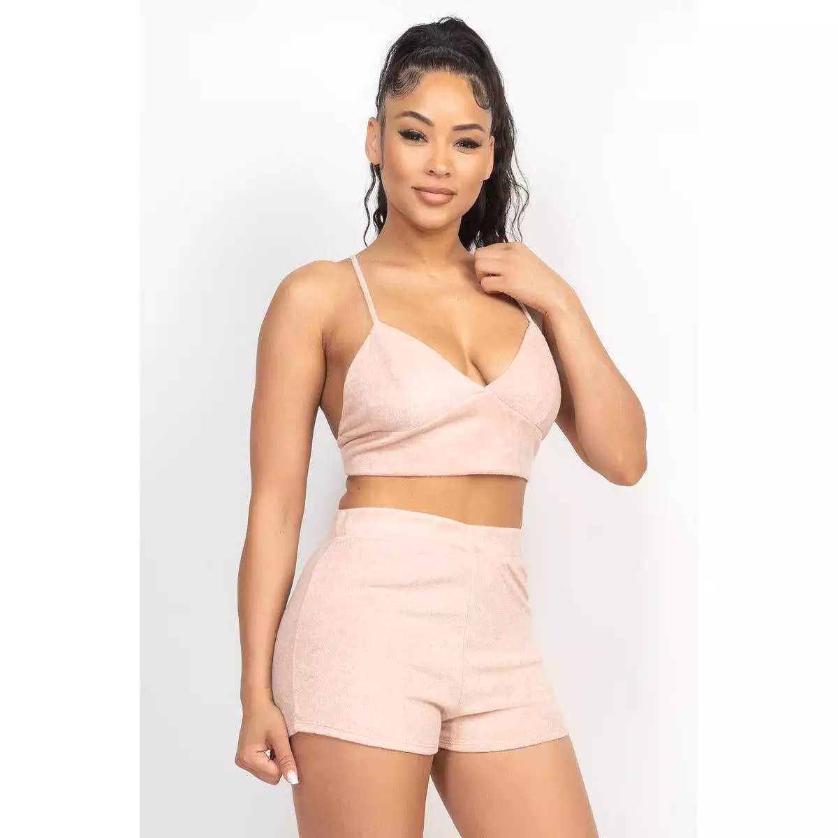 Terry Towel Bralette Top & Mini Shorts Set