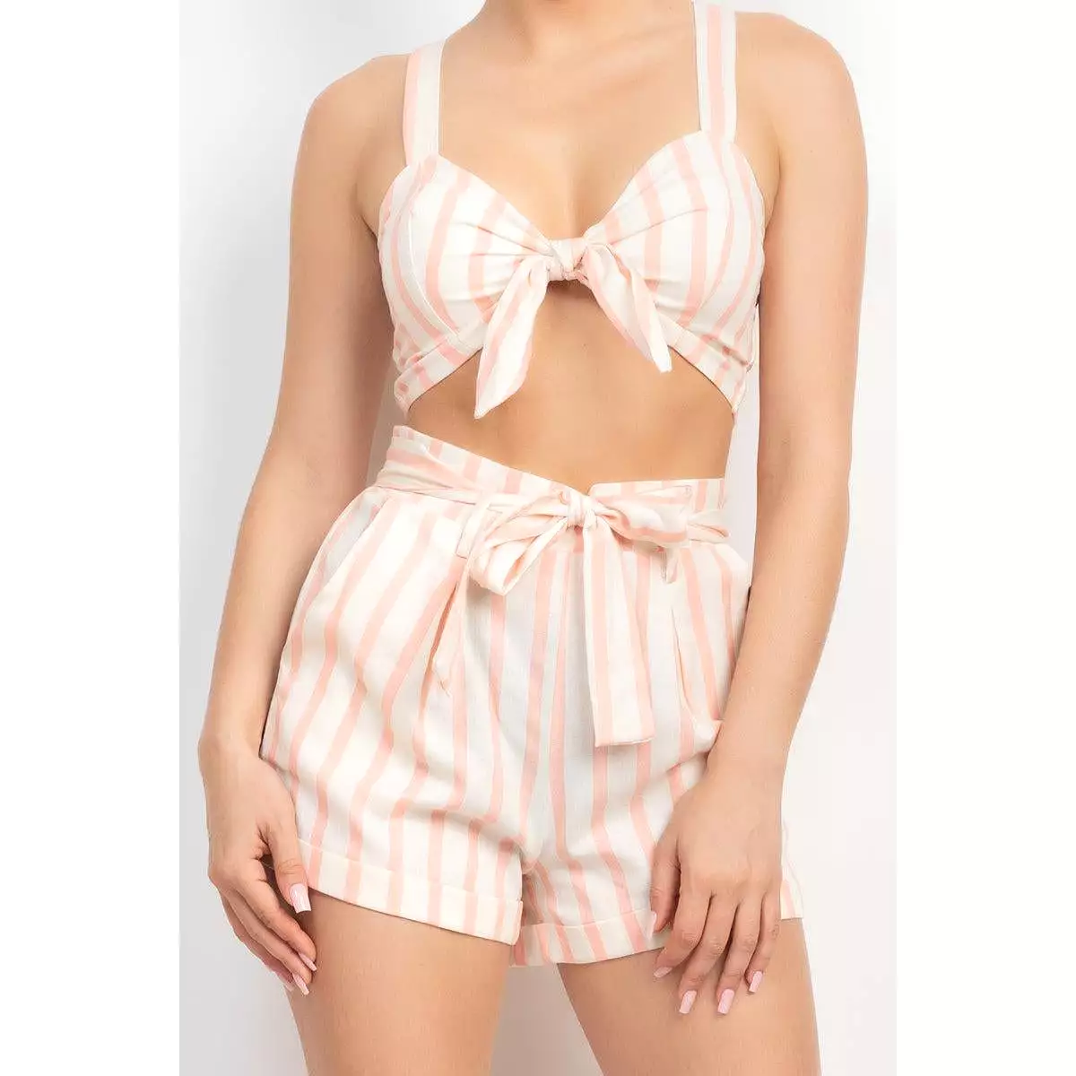 Tie-front Striped Crop Top & Belted Shorts Set