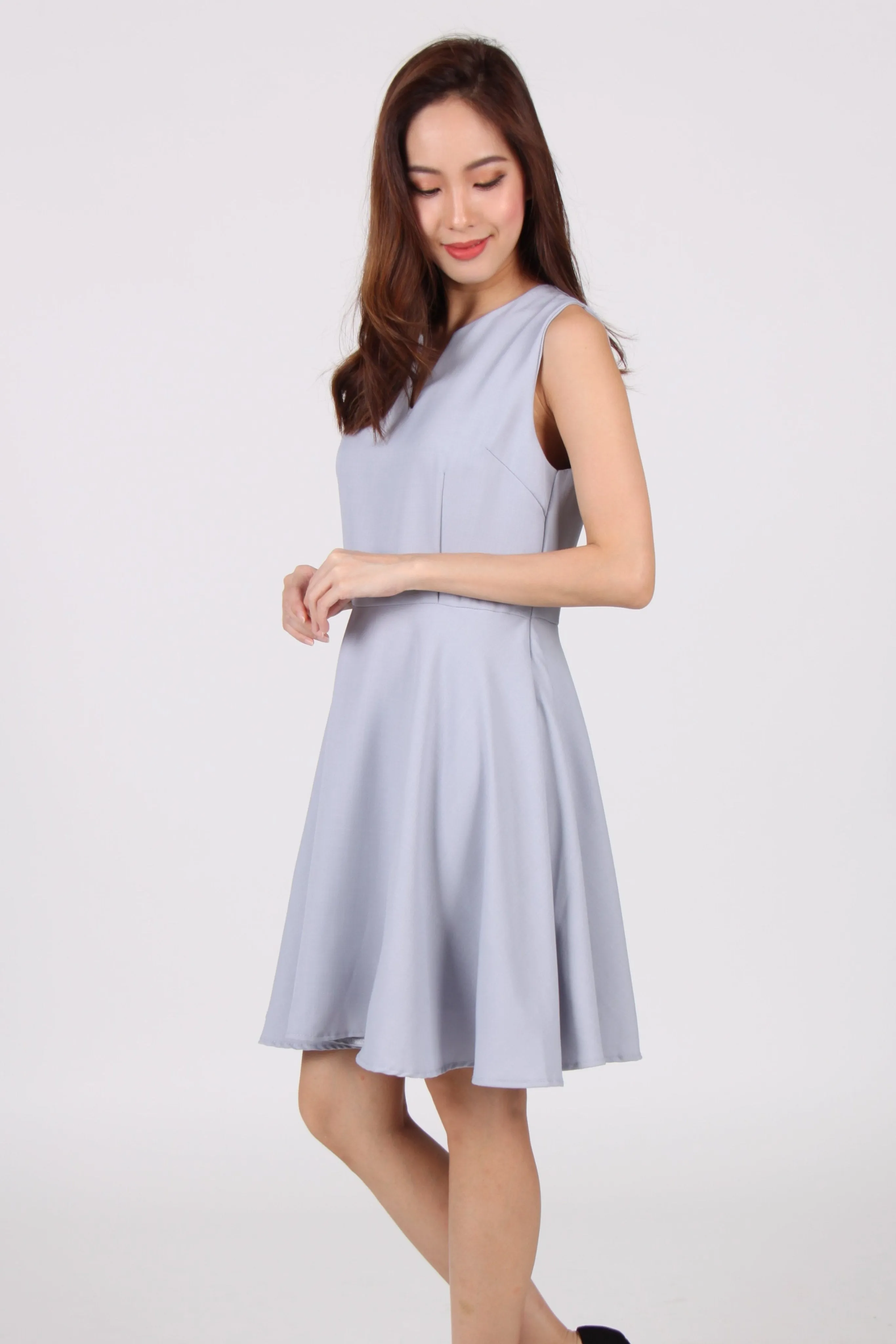 V Collar Sleeveless Skater Dress in Light Blue