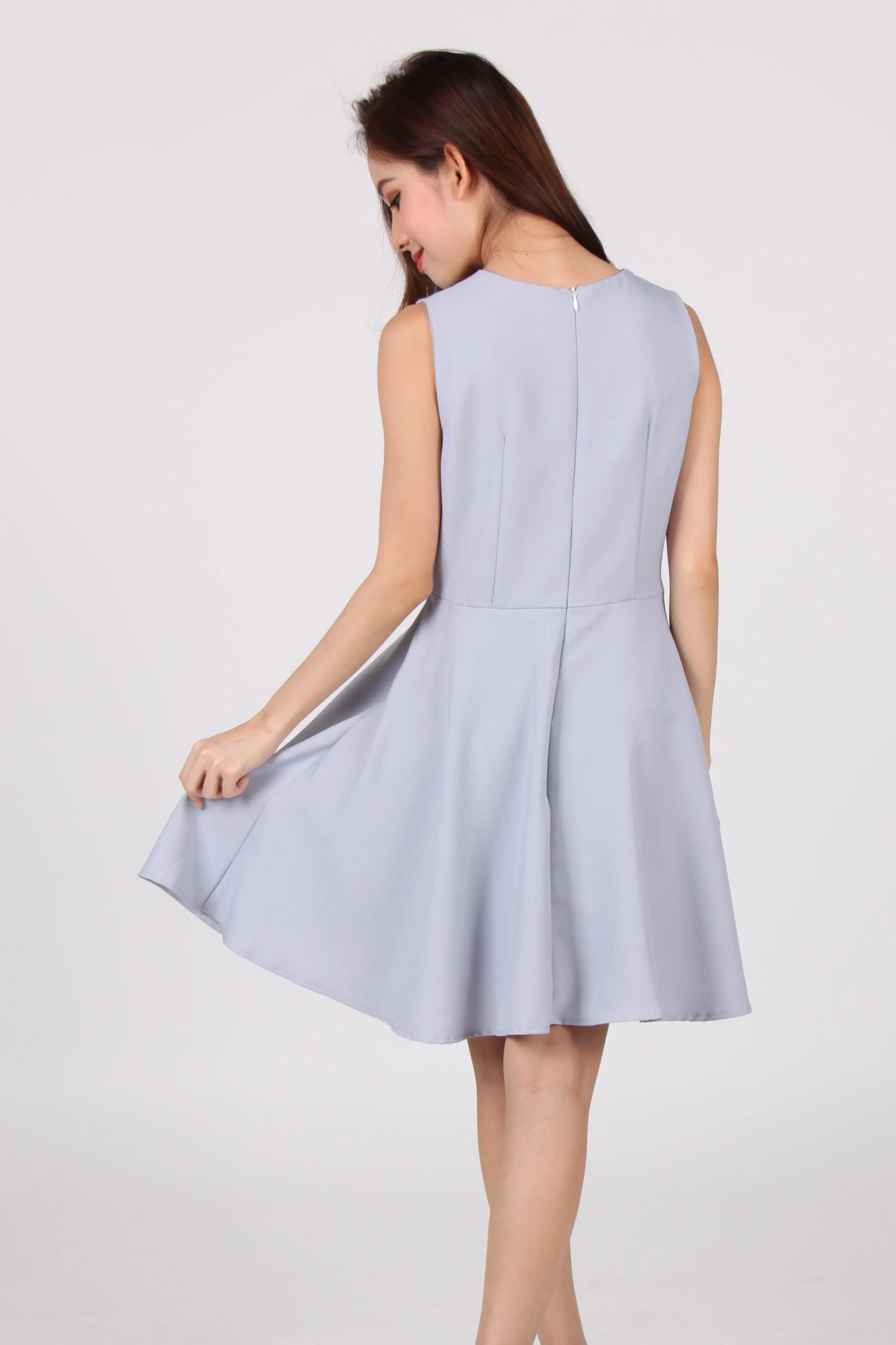 V Collar Sleeveless Skater Dress in Light Blue